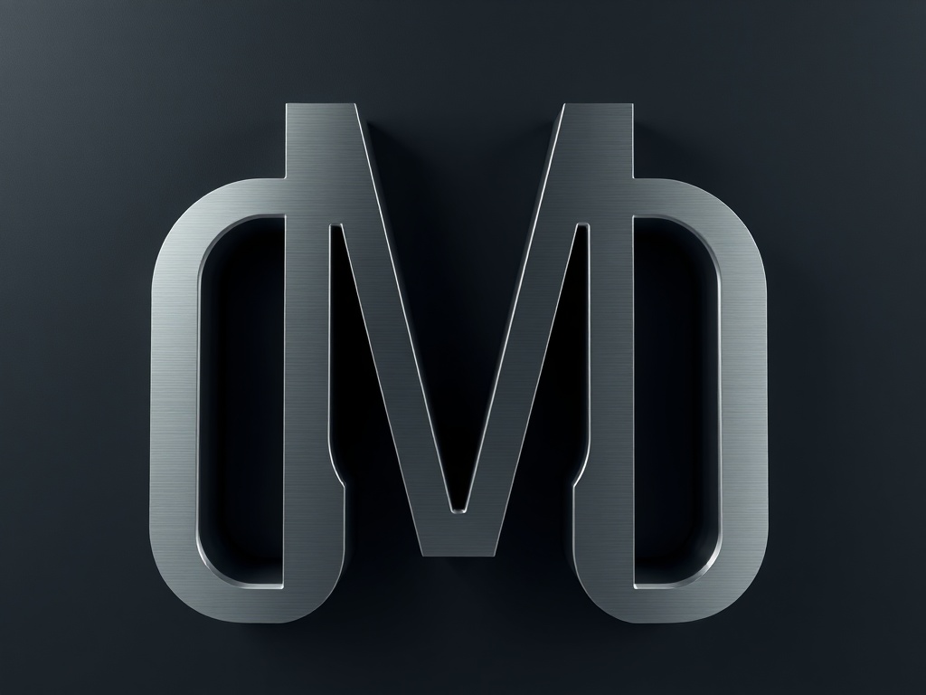 A stylized letter 'M' made from smooth, brushed metal, floating with subtle reflections on a dark background, minimalist and elegant, sharp edges, photorealistic, 8k, commercial photography style